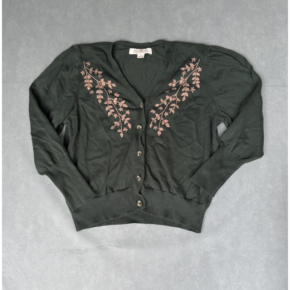 April Cornell Green Cotton Embroidered Floral V-Neck Cardigan Sweater Small